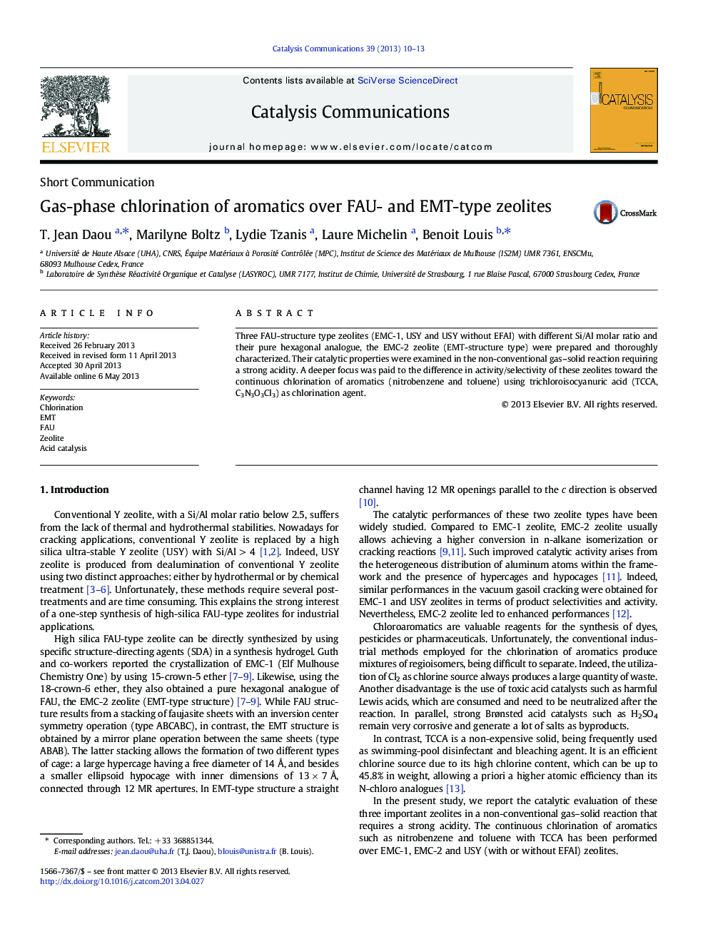 Gas-phase chlorination of aromatics over FAU- and EMT-type zeolites