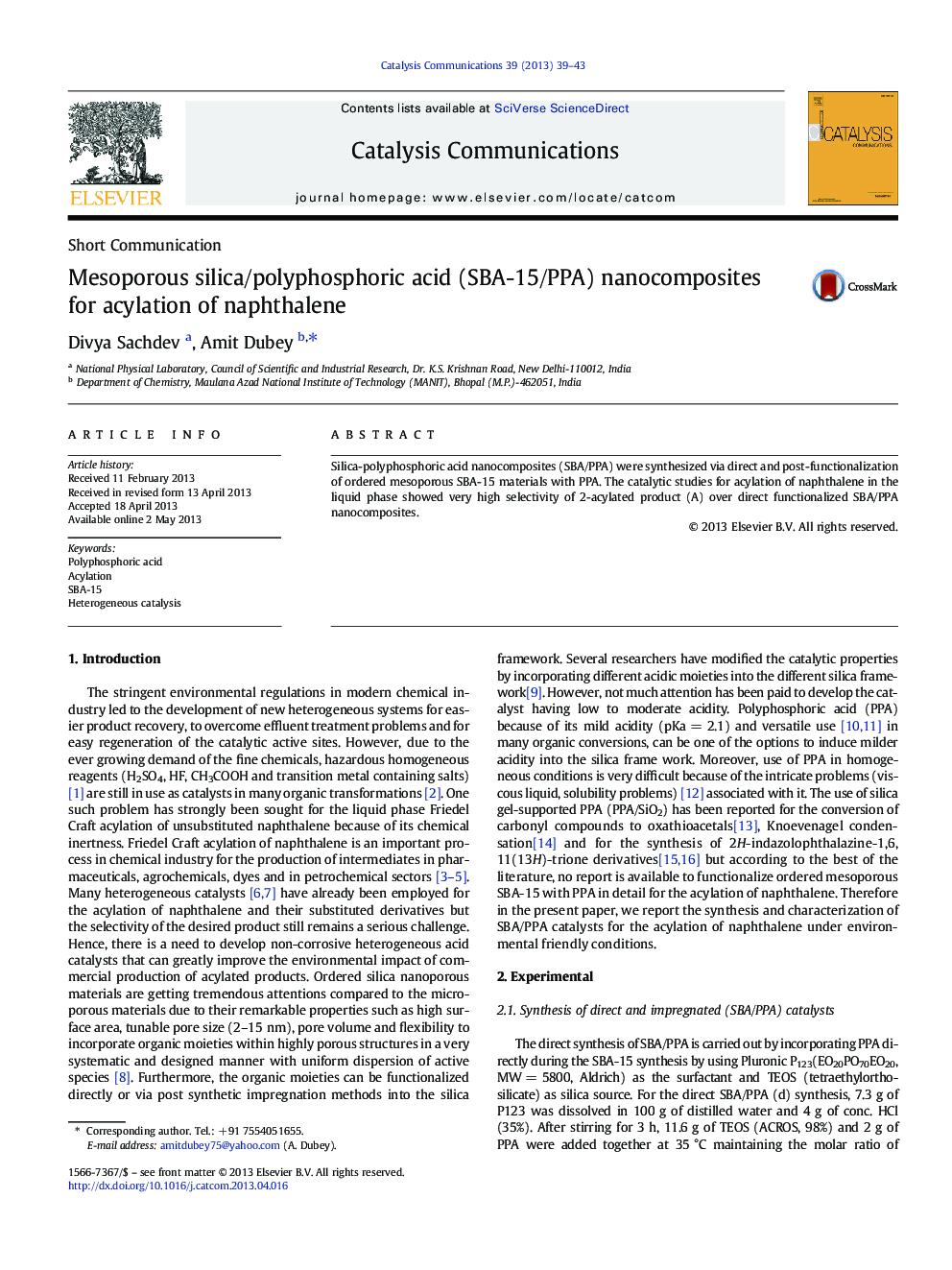 Mesoporous silica/polyphosphoric acid (SBA-15/PPA) nanocomposites for acylation of naphthalene