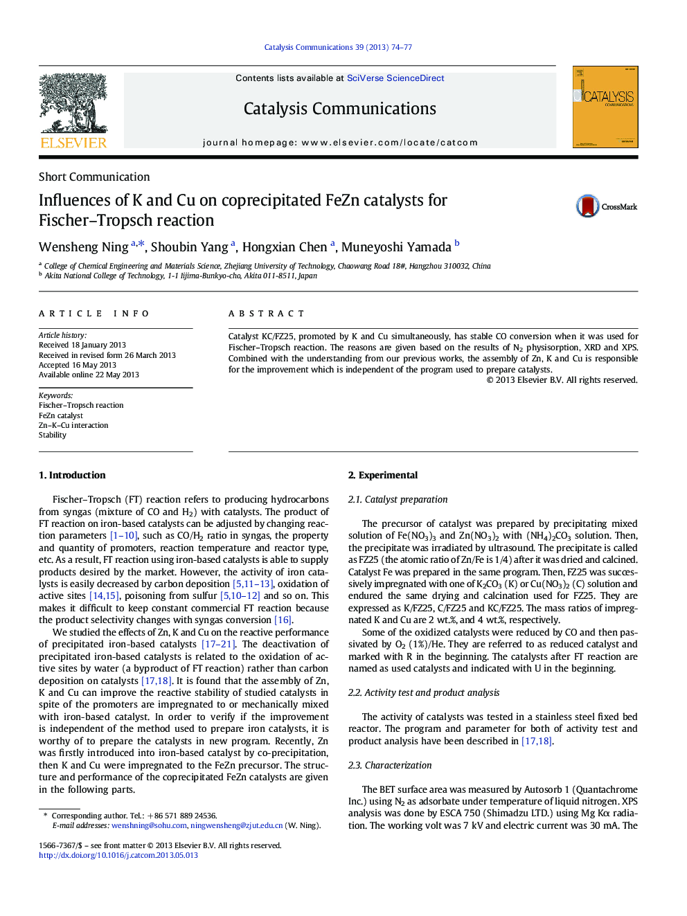 Influences of K and Cu on coprecipitated FeZn catalysts for Fischer-Tropsch reaction
