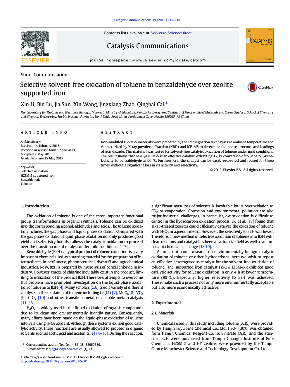 Selective solvent-free oxidation of toluene to benzaldehyde over zeolite supported iron