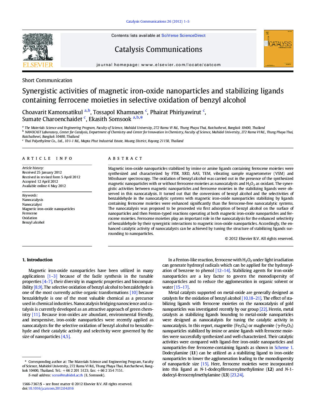 Synergistic activities of magnetic iron-oxide nanoparticles and stabilizing ligands containing ferrocene moieties in selective oxidation of benzyl alcohol