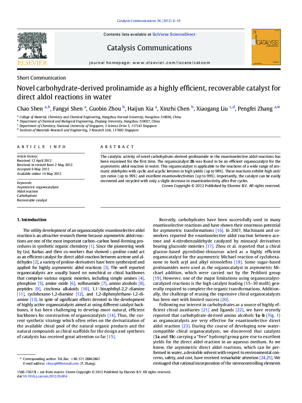 Novel carbohydrate-derived prolinamide as a highly efficient, recoverable catalyst for direct aldol reactions in water