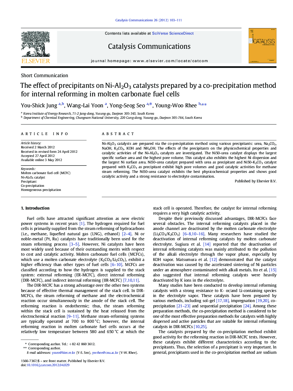 The effect of precipitants on Ni-Al2O3 catalysts prepared by a co-precipitation method for internal reforming in molten carbonate fuel cells