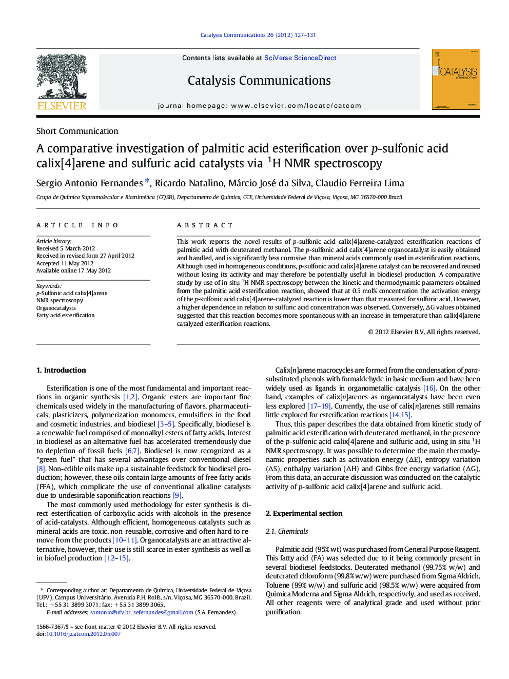 A comparative investigation of palmitic acid esterification over p-sulfonic acid calix[4]arene and sulfuric acid catalysts via 1H NMR spectroscopy