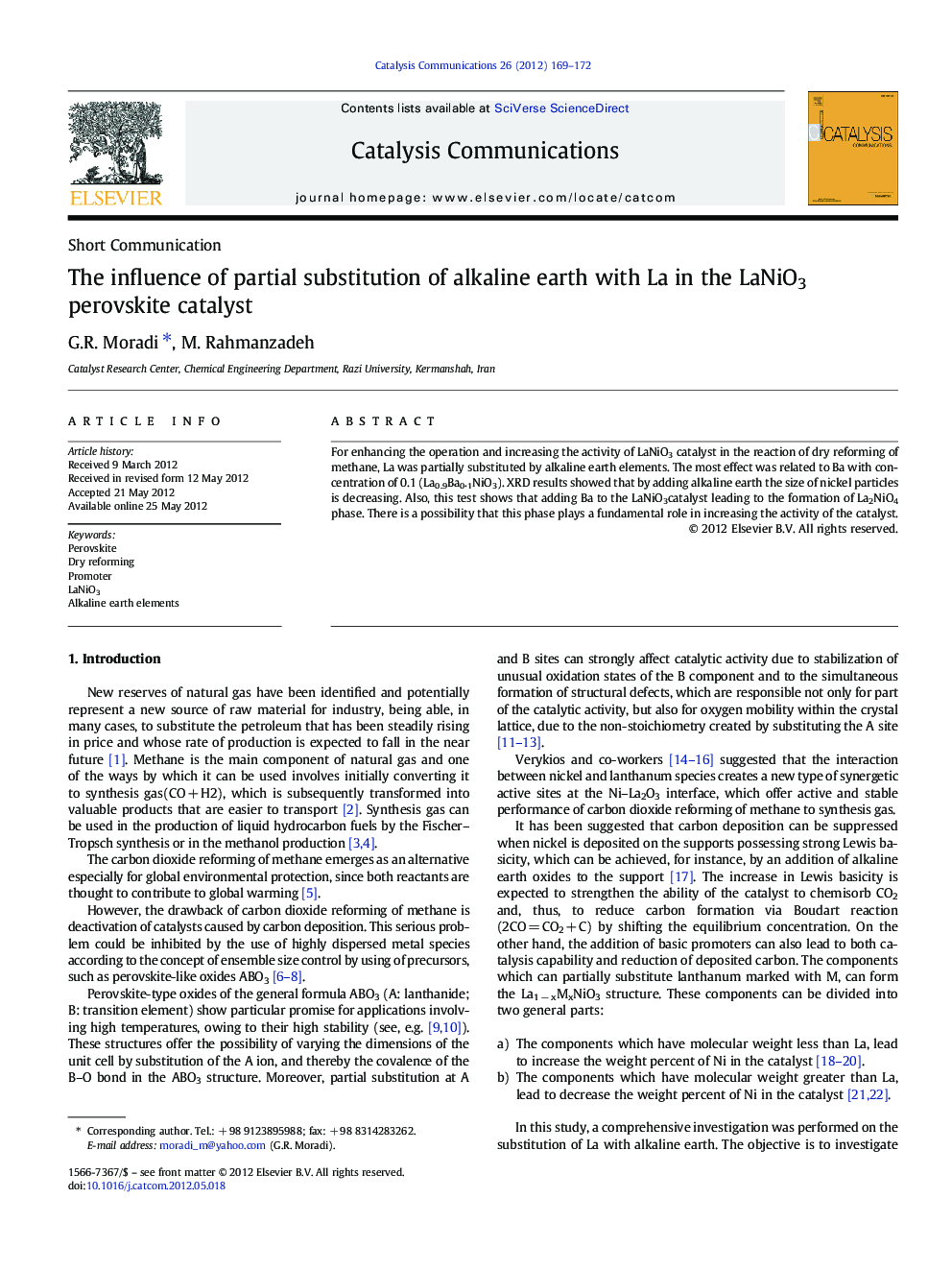 The influence of partial substitution of alkaline earth with La in the LaNiO3 perovskite catalyst