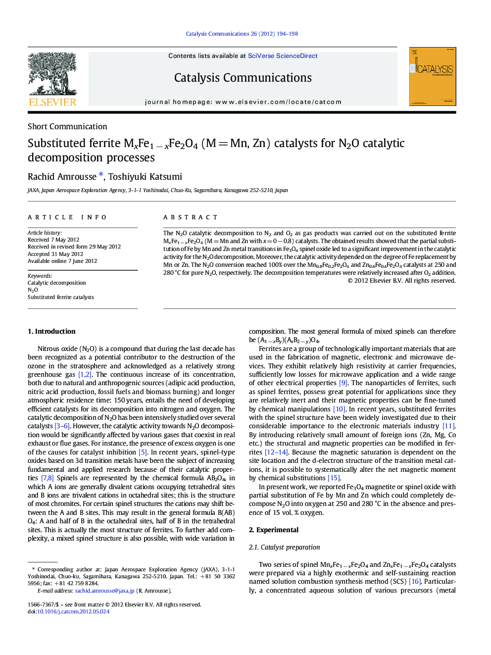 Substituted ferrite MxFe1Â âÂ xFe2O4 (MÂ =Â Mn, Zn) catalysts for N2O catalytic decomposition processes