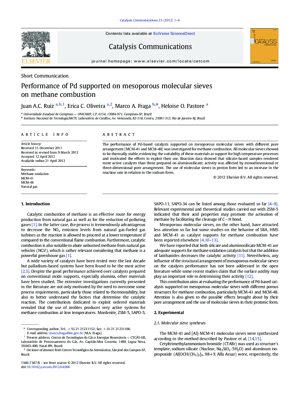 Performance of Pd supported on mesoporous molecular sieves on methane combustion