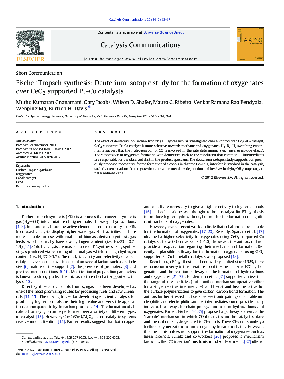 Fischer Tropsch synthesis: Deuterium isotopic study for the formation of oxygenates over CeO2 supported Pt-Co catalysts