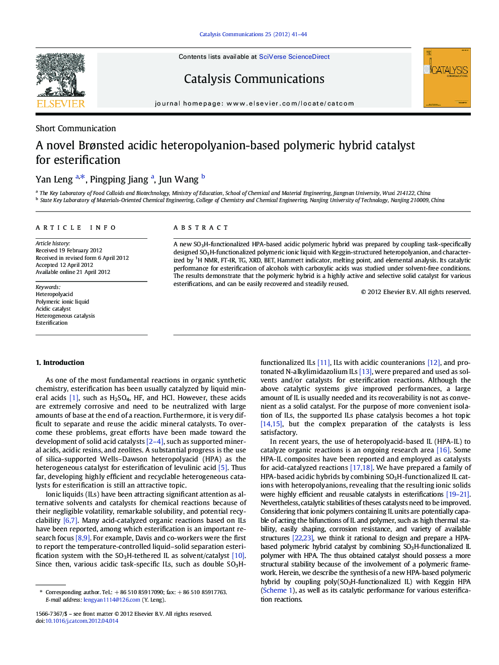 A novel BrÃ¸nsted acidic heteropolyanion-based polymeric hybrid catalyst for esterification