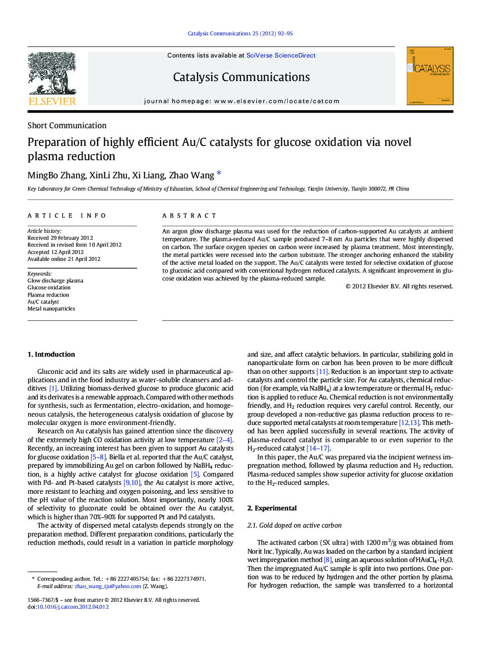 Preparation of highly efficient Au/C catalysts for glucose oxidation via novel plasma reduction