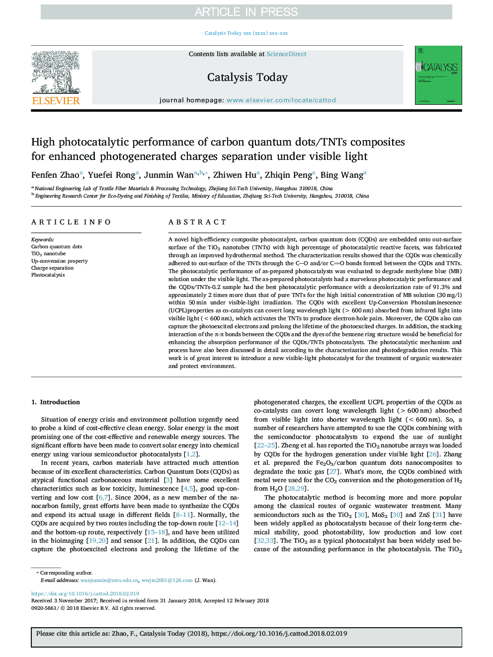 High photocatalytic performance of carbon quantum dots/TNTs composites for enhanced photogenerated charges separation under visible light