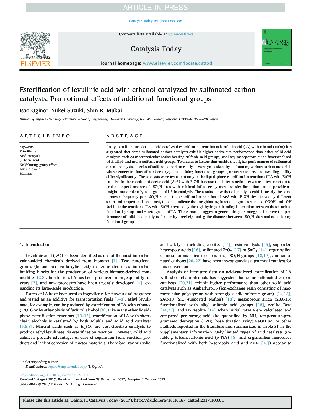 Esterification of levulinic acid with ethanol catalyzed by sulfonated carbon catalysts: Promotional effects of additional functional groups