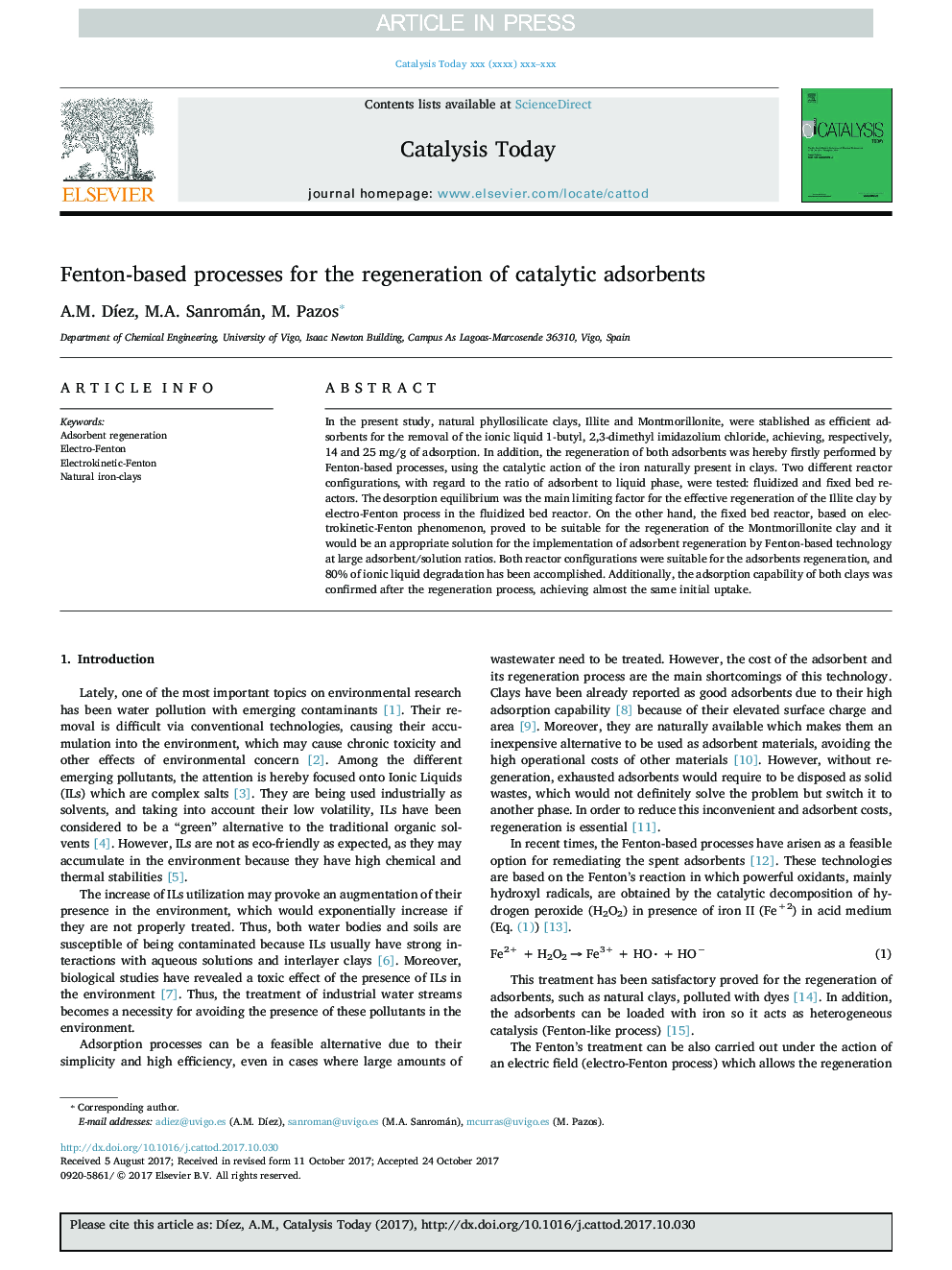 Fenton-based processes for the regeneration of catalytic adsorbents