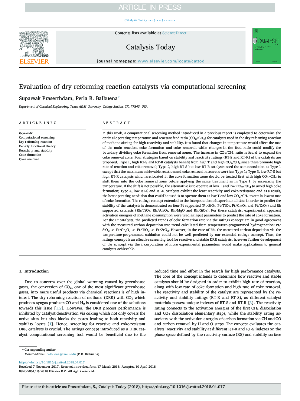 Evaluation of dry reforming reaction catalysts via computational screening