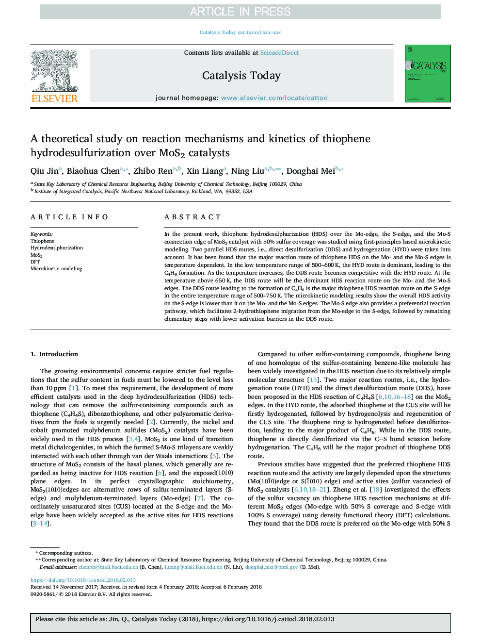 A theoretical study on reaction mechanisms and kinetics of thiophene hydrodesulfurization over MoS2 catalysts