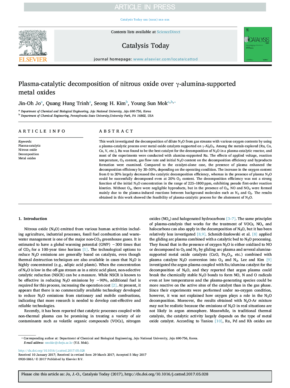 Plasma-catalytic decomposition of nitrous oxide over Î³-alumina-supported metal oxides