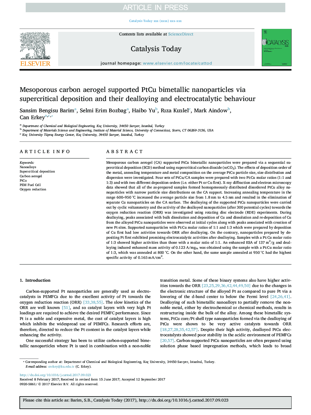 Mesoporous carbon aerogel supported PtCu bimetallic nanoparticles via supercritical deposition and their dealloying and electrocatalytic behaviour