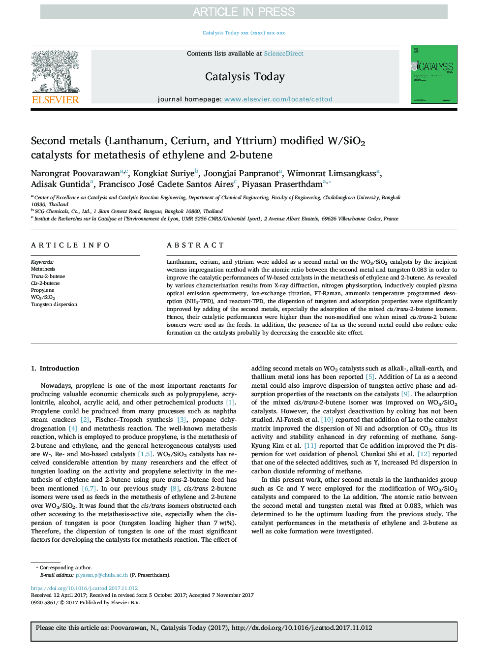 Second metals (Lanthanum, Cerium, and Yttrium) modified W/SiO2 catalysts for metathesis of ethylene and 2-butene