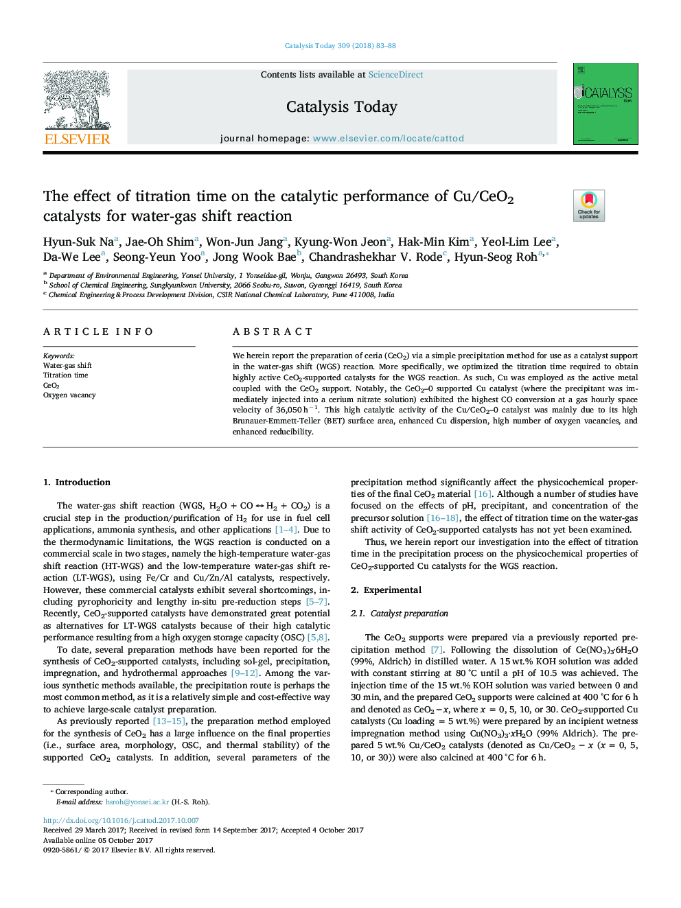 The effect of titration time on the catalytic performance of Cu/CeO2 catalysts for water-gas shift reaction