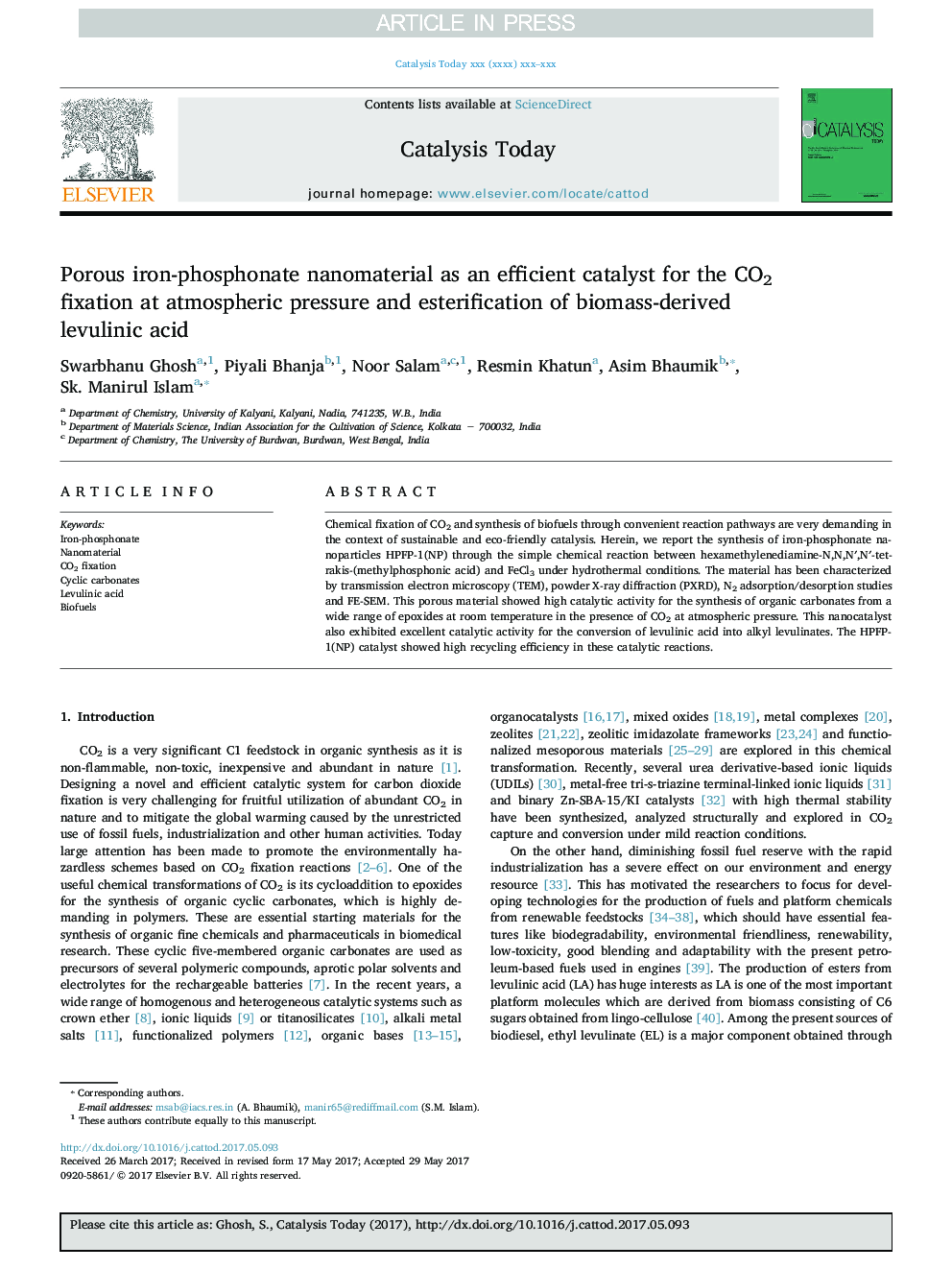 Porous iron-phosphonate nanomaterial as an efficient catalyst for the CO2 fixation at atmospheric pressure and esterification of biomass-derived levulinic acid