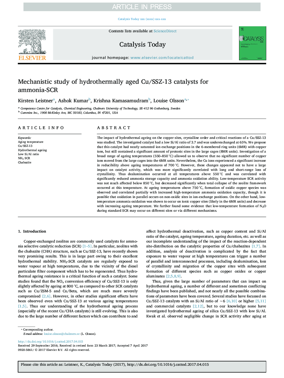 Mechanistic study of hydrothermally aged Cu/SSZ-13 catalysts for ammonia-SCR