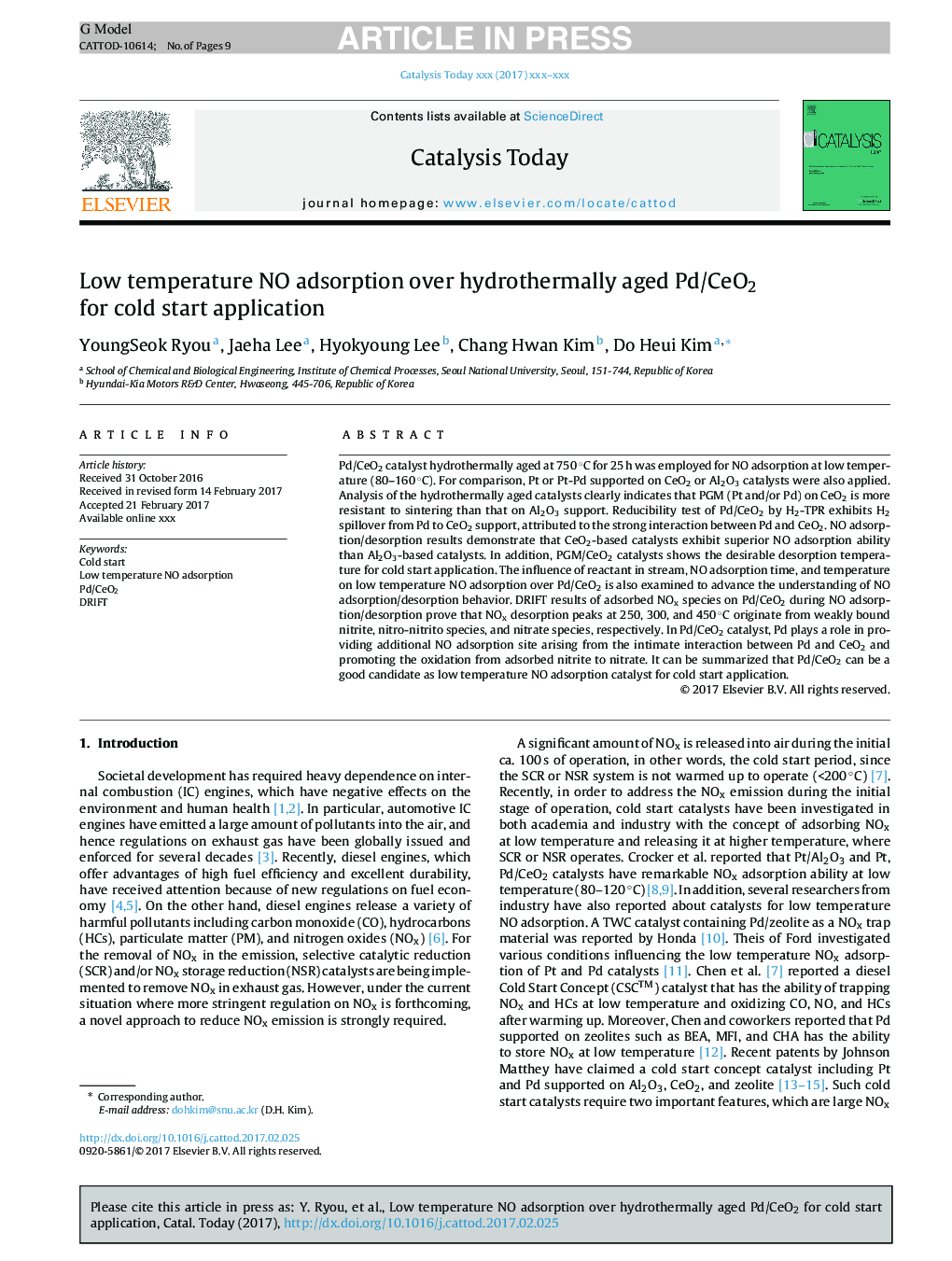 Low temperature NO adsorption over hydrothermally aged Pd/CeO2 for cold start application