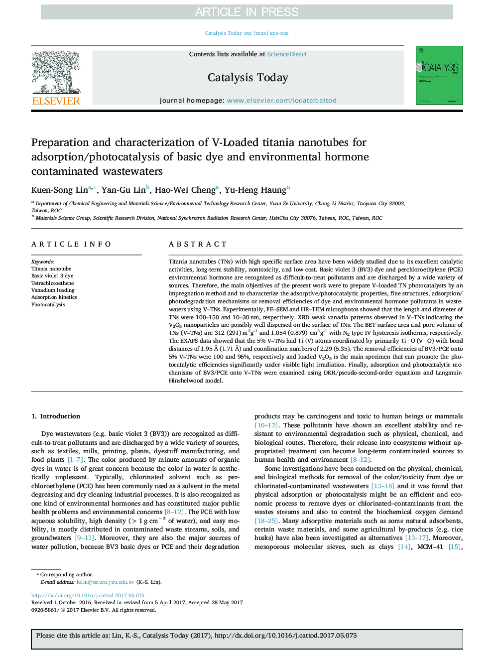 عکس صفحه اول مقاله: Preparation and characterization of V-Loaded titania nanotubes for adsorption/photocatalysis of basic dye and environmental hormone contaminated wastewaters Preparation and characterization of V-Loaded titania nanotubes for adsorption/photocatalysis of basic dye and environmental hormone contaminated wastewaters