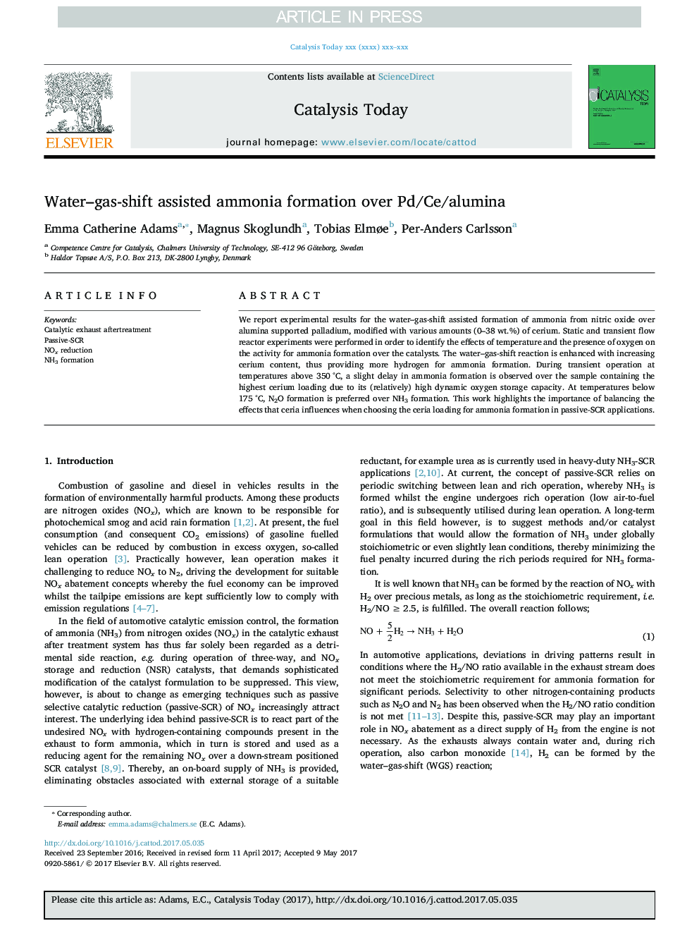 Water-gas-shift assisted ammonia formation over Pd/Ce/alumina