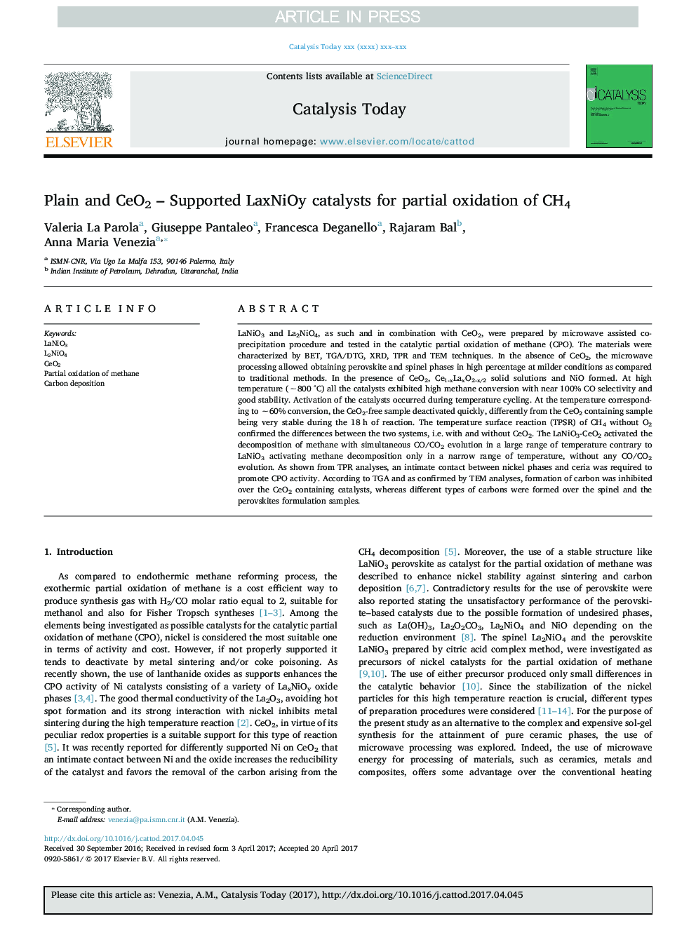 Plain and CeO2 - Supported LaxNiOy catalysts for partial oxidation of CH4