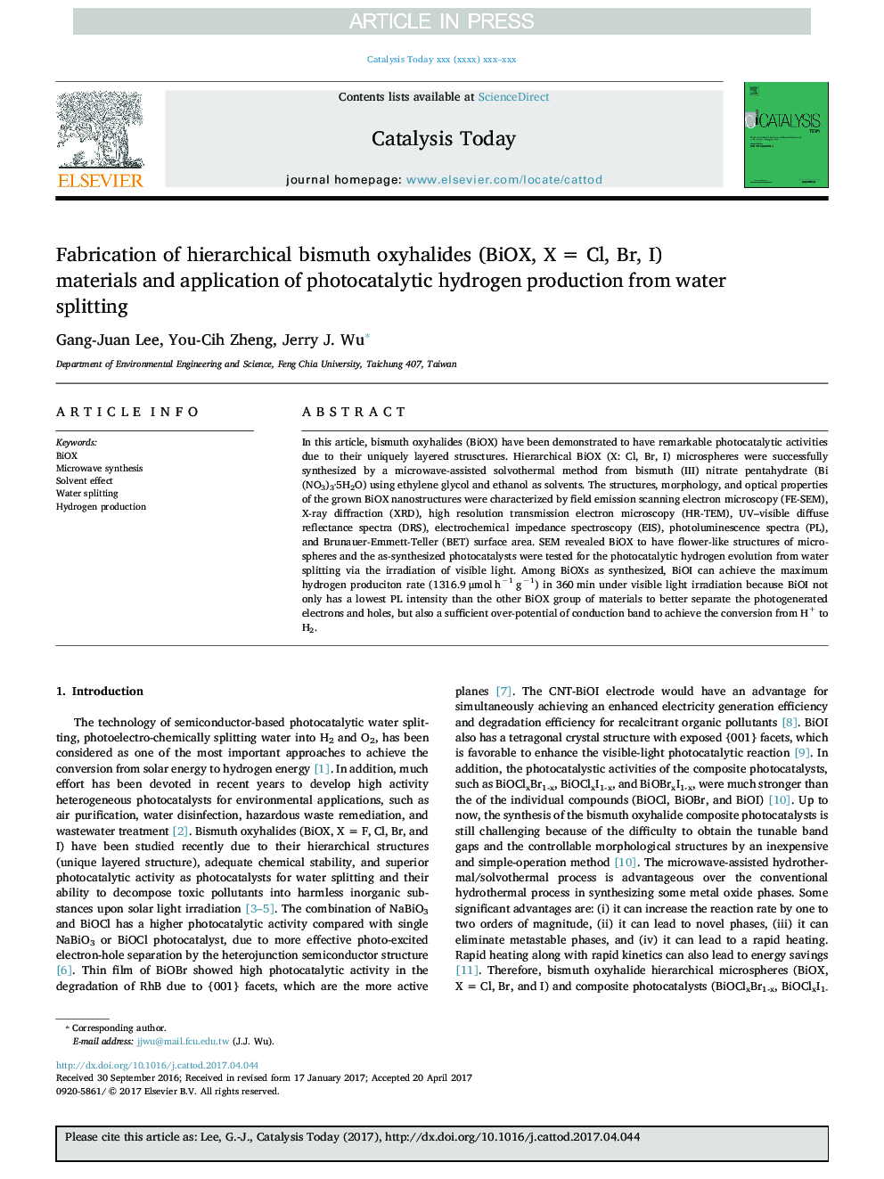 Fabrication of hierarchical bismuth oxyhalides (BiOX, XÂ =Â Cl, Br, I) materials and application of photocatalytic hydrogen production from water splitting