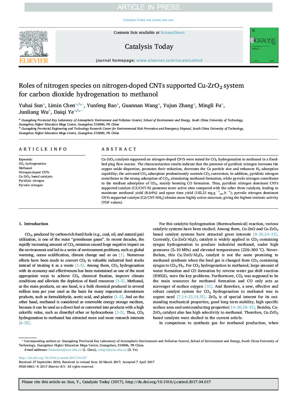 Roles of nitrogen species on nitrogen-doped CNTs supported Cu-ZrO2 system for carbon dioxide hydrogenation to methanol