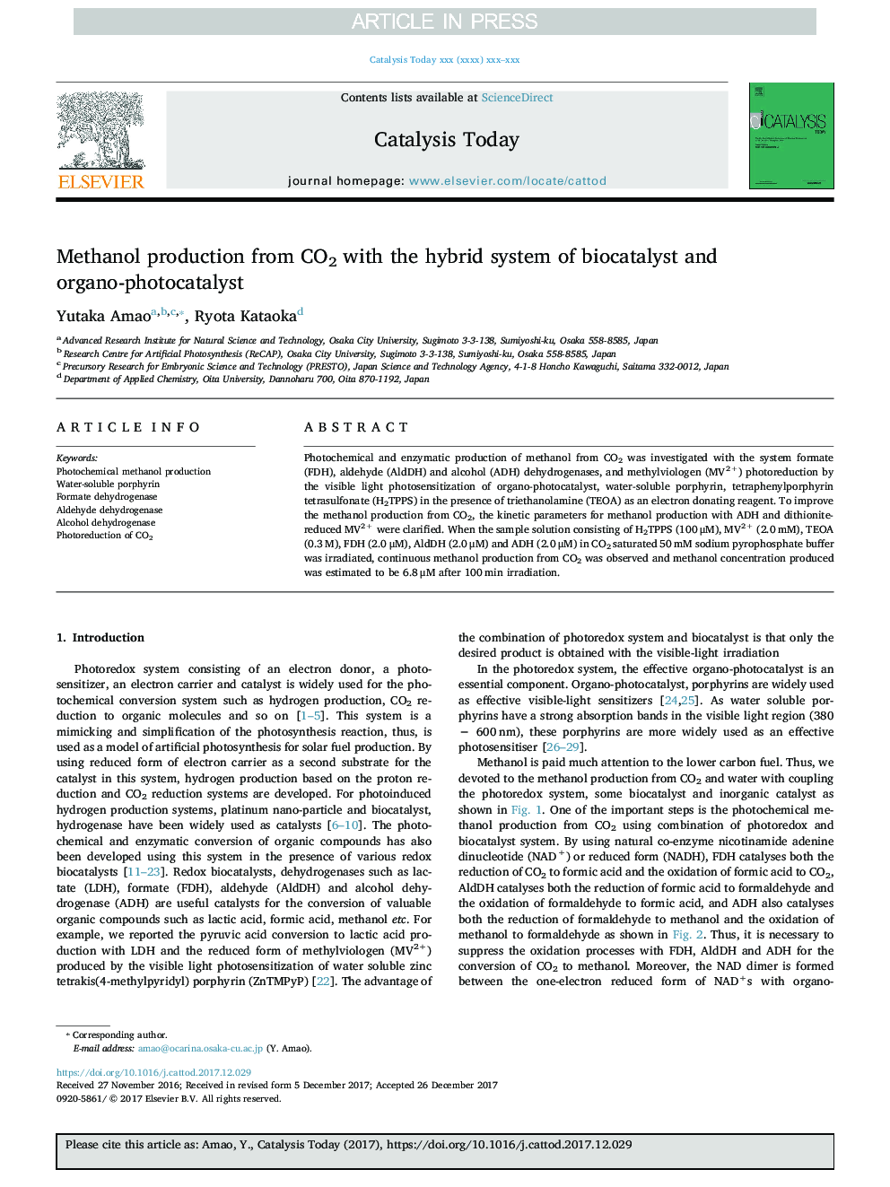 Methanol production from CO2 with the hybrid system of biocatalyst and organo-photocatalyst