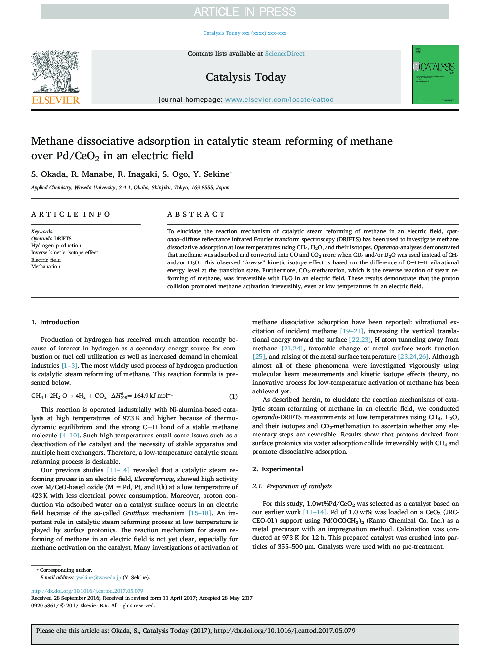 Methane dissociative adsorption in catalytic steam reforming of methane over Pd/CeO2 in an electric field