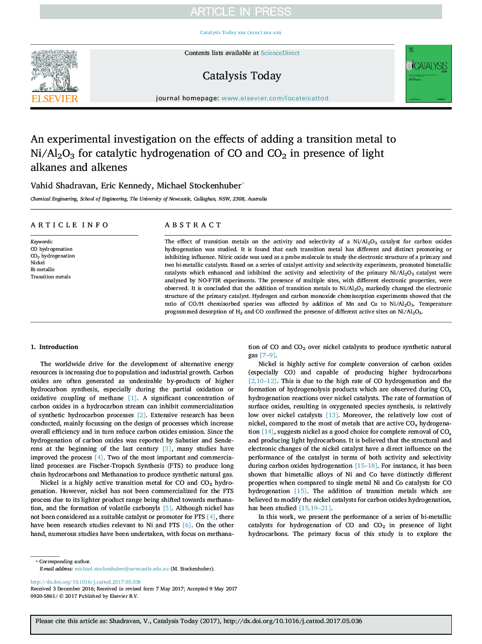 An experimental investigation on the effects of adding a transition metal to Ni/Al2O3 for catalytic hydrogenation of CO and CO2 in presence of light alkanes and alkenes