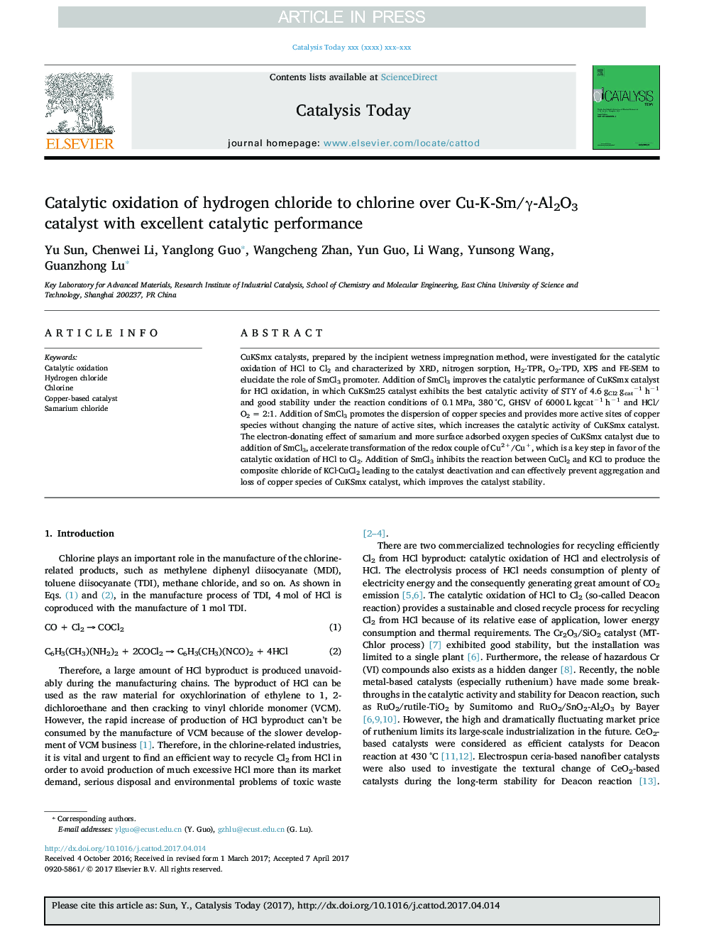 Catalytic oxidation of hydrogen chloride to chlorine over Cu-K-Sm/Î³-Al2O3 catalyst with excellent catalytic performance