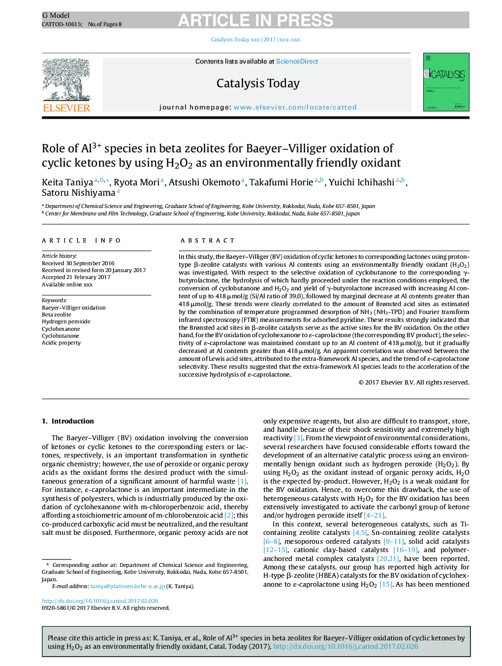 Role of Al3+ species in beta zeolites for Baeyer-Villiger oxidation of cyclic ketones by using H2O2 as an environmentally friendly oxidant