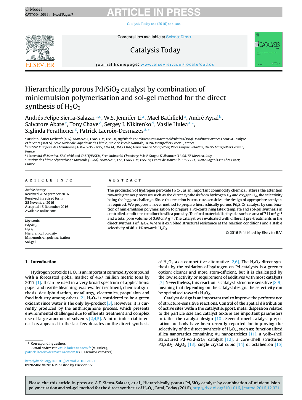 Hierarchically porous Pd/SiO2 catalyst by combination of miniemulsion polymerisation and sol-gel method for the direct synthesis of H2O2