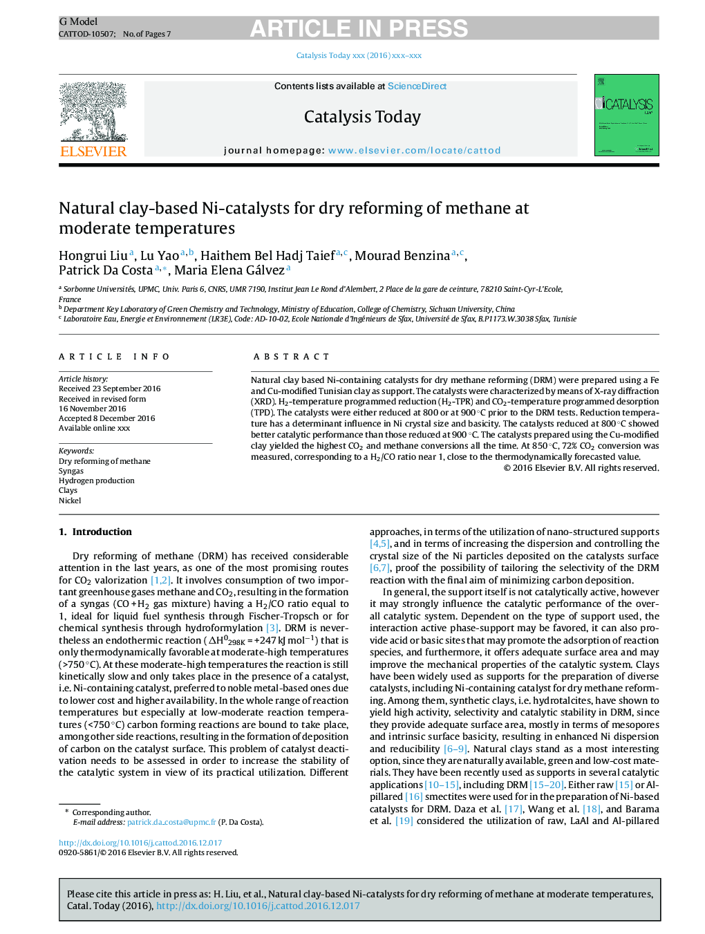 Natural clay-based Ni-catalysts for dry reforming of methane at moderate temperatures