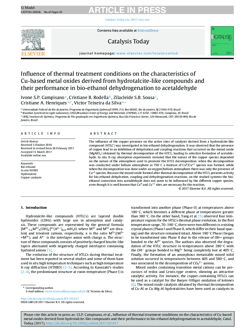 Influence of thermal treatment conditions on the characteristics of Cu-based metal oxides derived from hydrotalcite-like compounds and their performance in bio-ethanol dehydrogenation to acetaldehyde