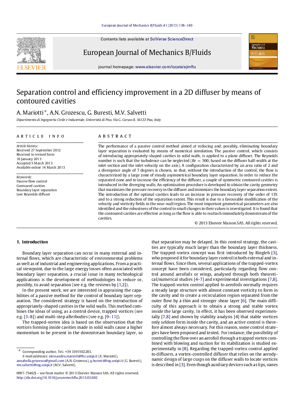 Separation control and efficiency improvement in a 2D diffuser by means of contoured cavities