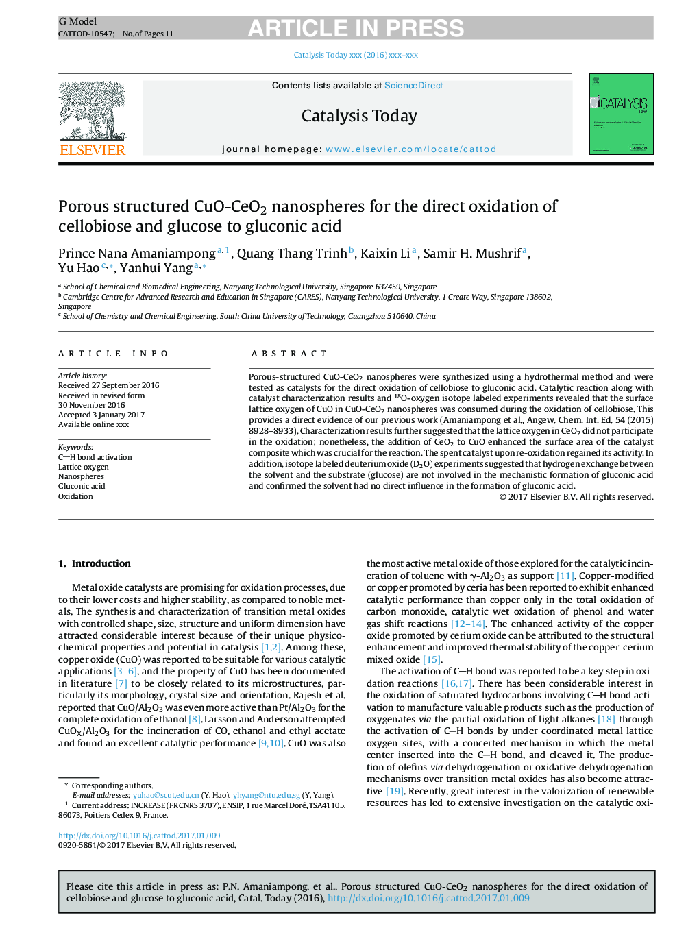 Porous structured CuO-CeO2 nanospheres for the direct oxidation of cellobiose and glucose to gluconic acid