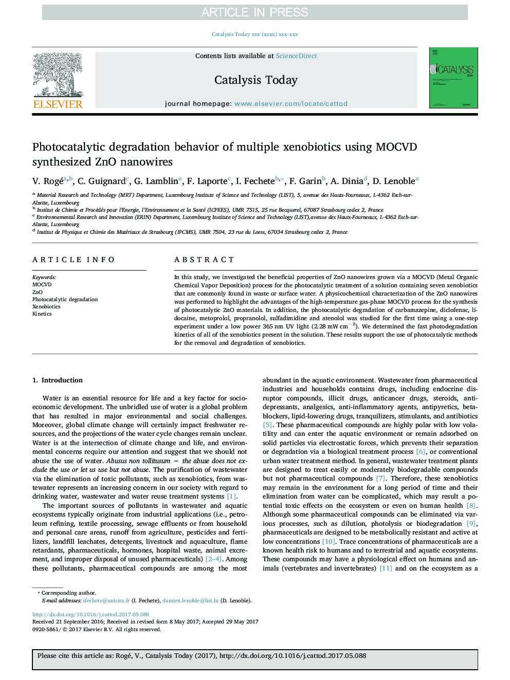 Photocatalytic degradation behavior of multiple xenobiotics using MOCVD synthesized ZnO nanowires