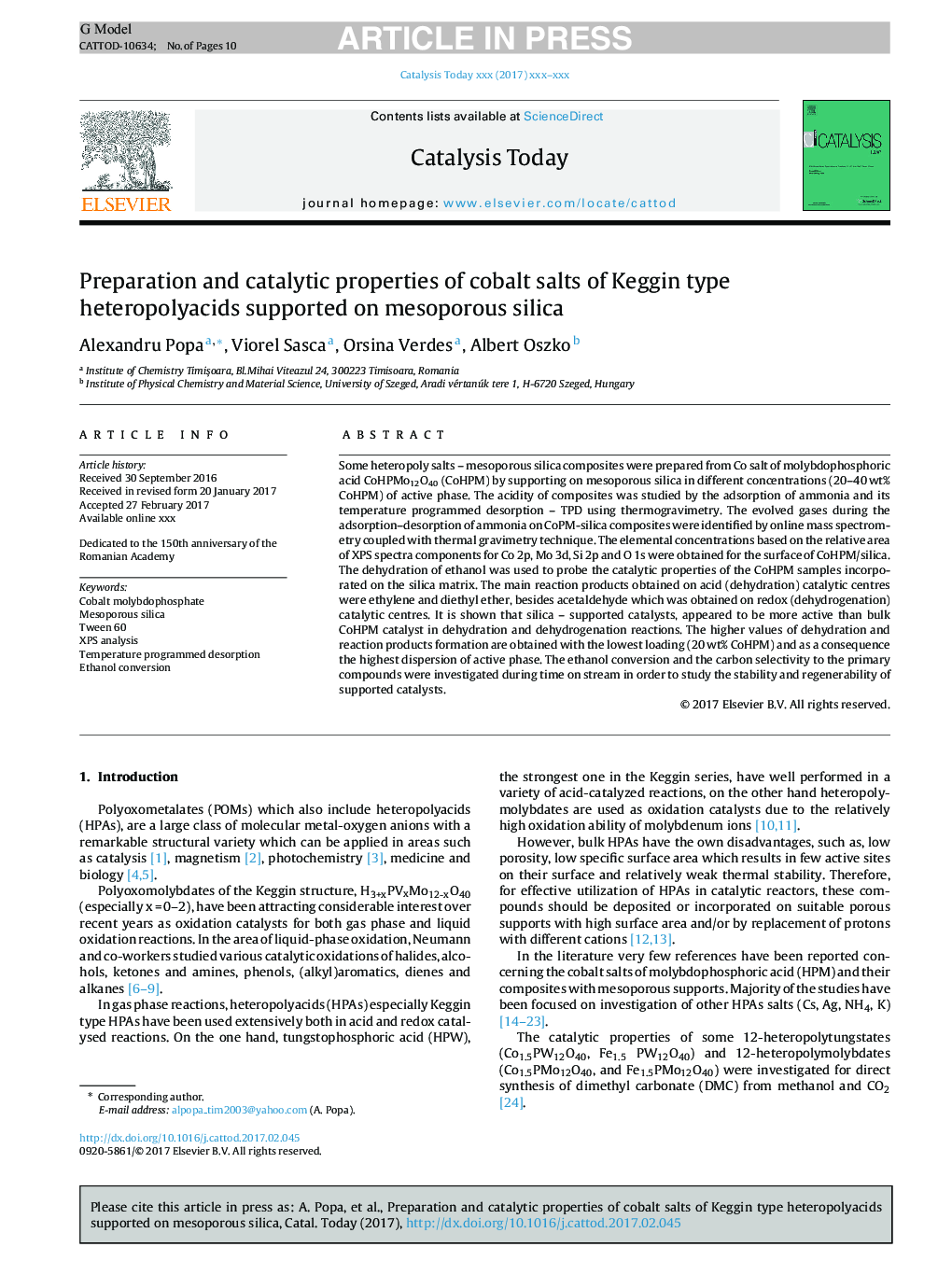 Preparation and catalytic properties of cobalt salts of Keggin type heteropolyacids supported on mesoporous silica
