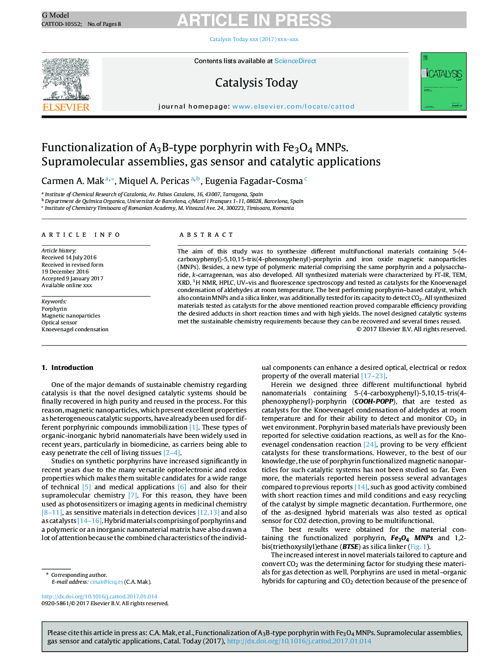 Functionalization of A3B-type porphyrin with Fe3O4 MNPs. Supramolecular assemblies, gas sensor and catalytic applications