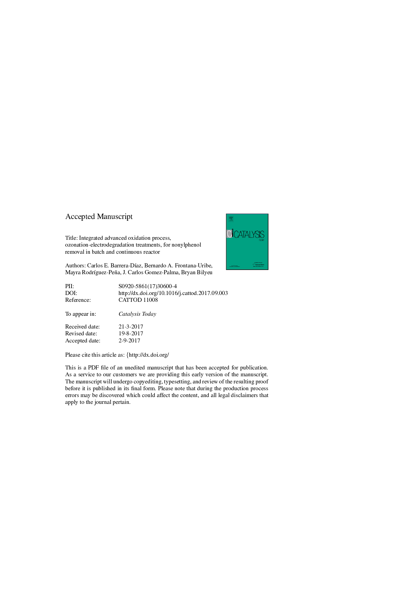 Integrated advanced oxidation process, ozonation-electrodegradation treatments, for nonylphenol removal in batch and continuous reactor