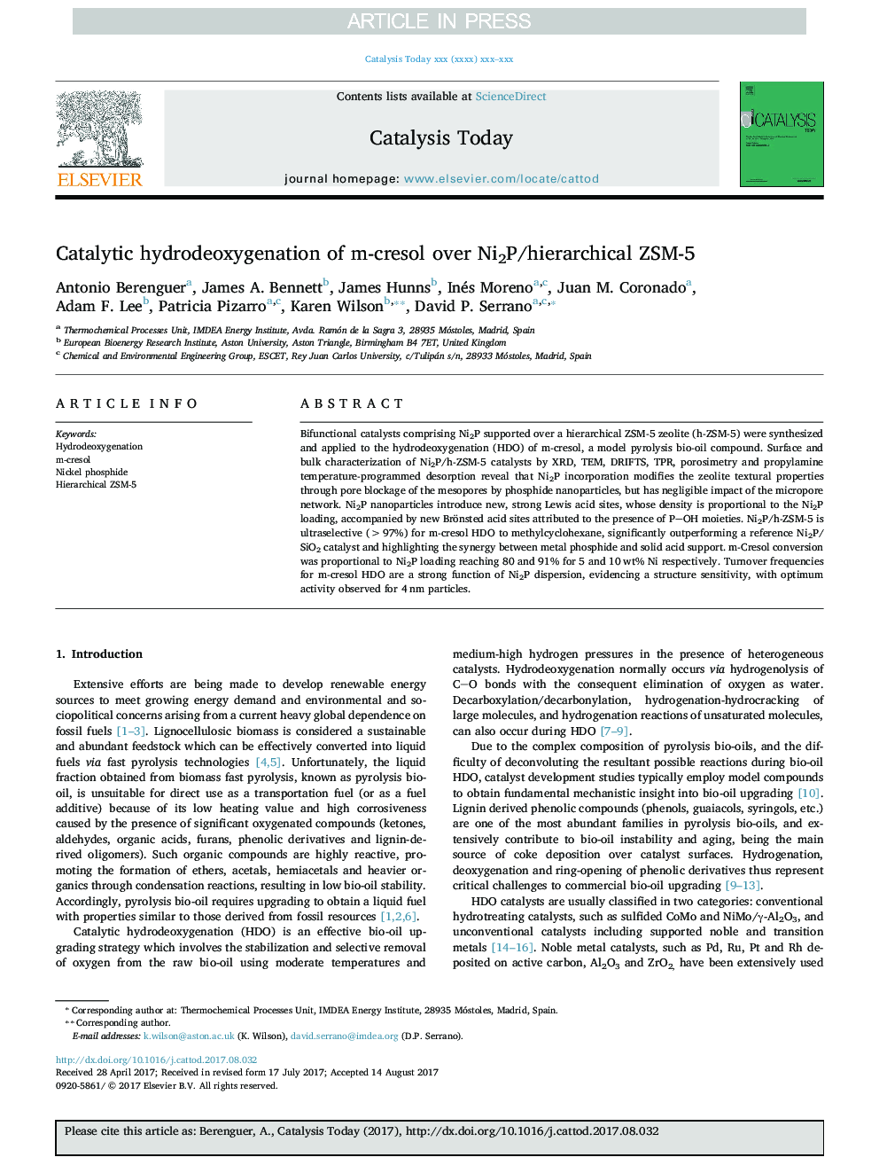 Catalytic hydrodeoxygenation of m-cresol over Ni2P/hierarchical ZSM-5