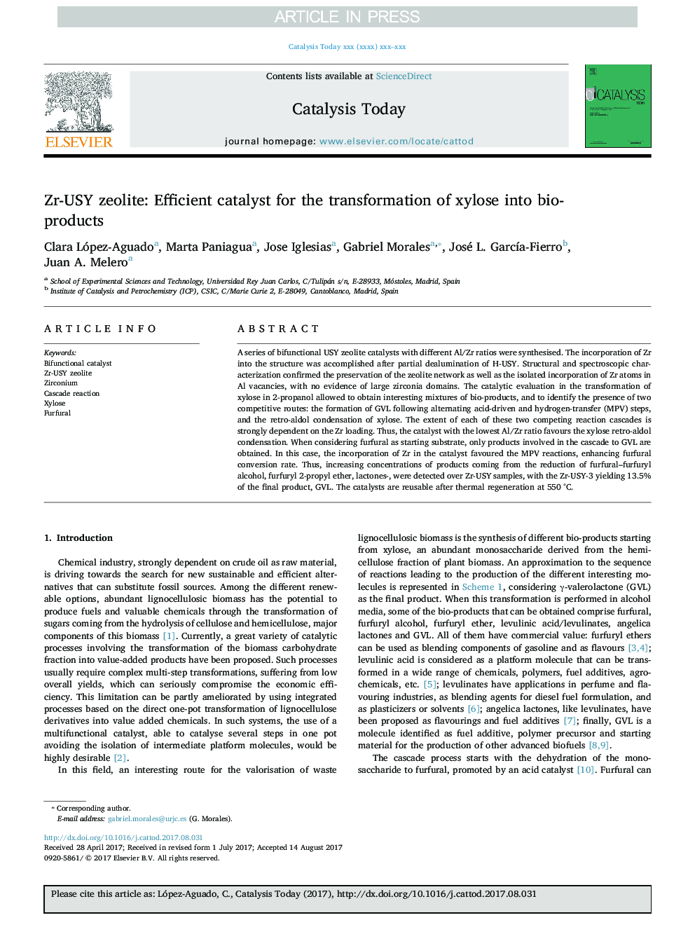 Zr-USY zeolite: Efficient catalyst for the transformation of xylose into bio-products