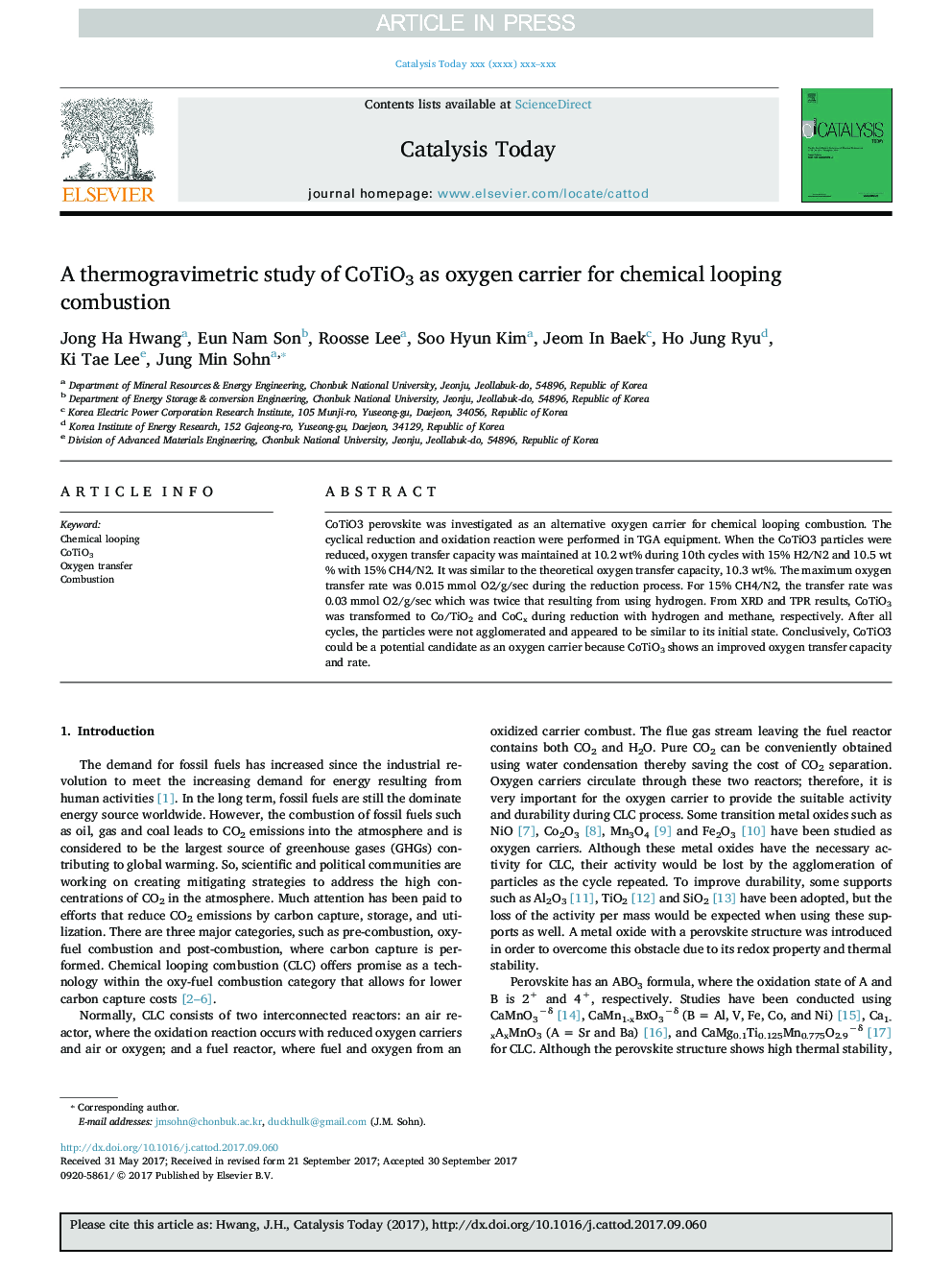 A thermogravimetric study of CoTiO3 as oxygen carrier for chemical looping combustion