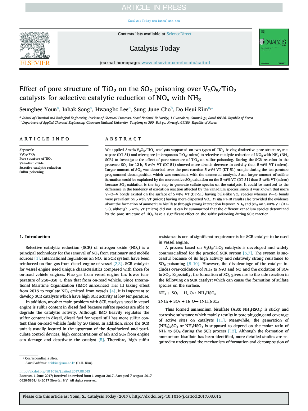 Effect of pore structure of TiO2 on the SO2 poisoning over V2O5/TiO2 catalysts for selective catalytic reduction of NOx with NH3