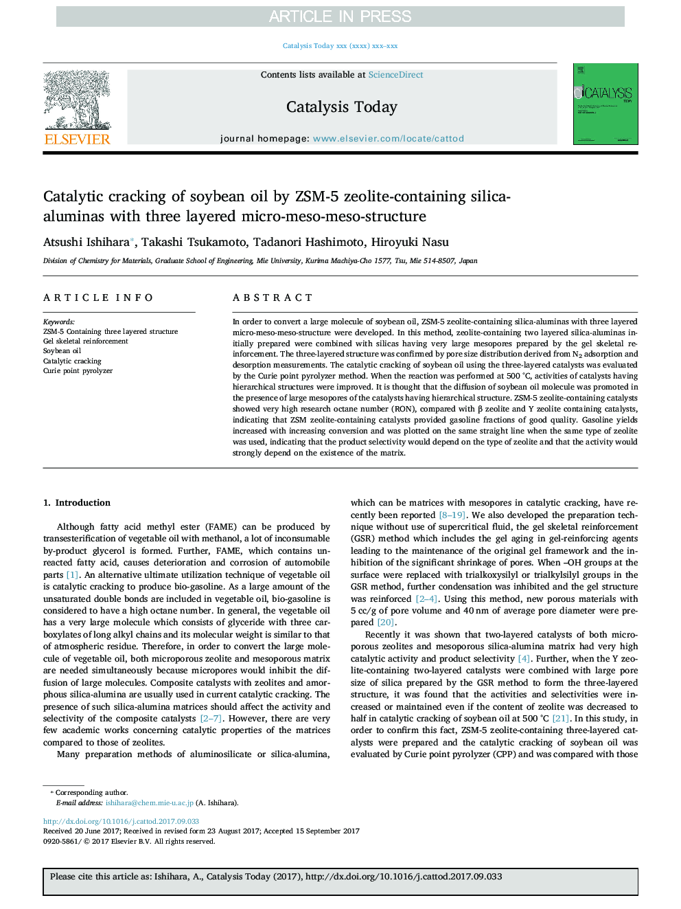 Catalytic cracking of soybean oil by ZSM-5 zeolite-containing silica-aluminas with three layered micro-meso-meso-structure